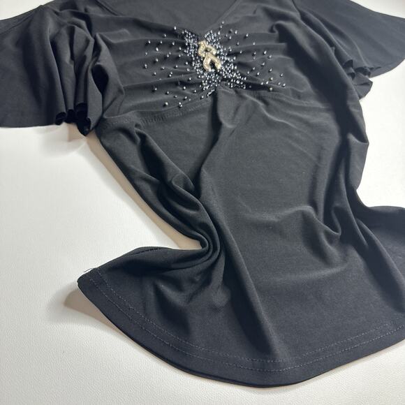 Y2K McBling Black Beaded Flutter Sleeve Top S Rhinestone Pendant Glam Baddie - Picture 5 of 12